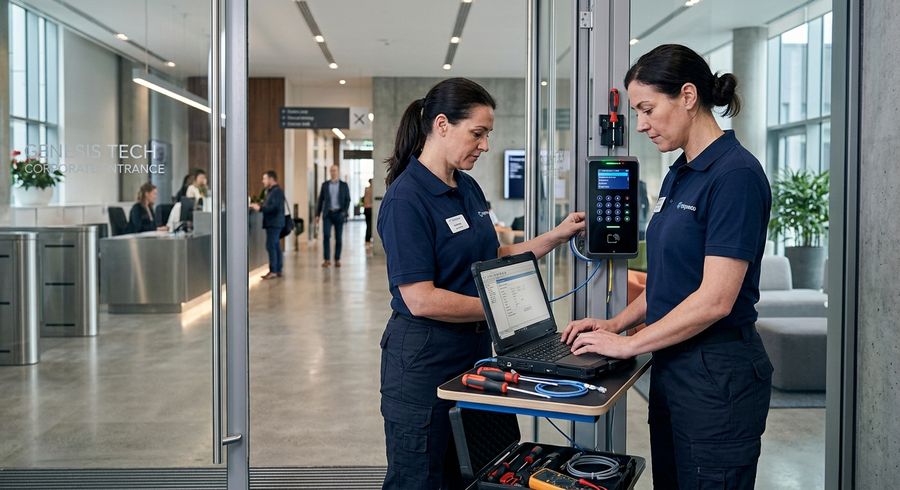 HR manager deactivating an employee access card at an office keycard reader panel during offboarding process