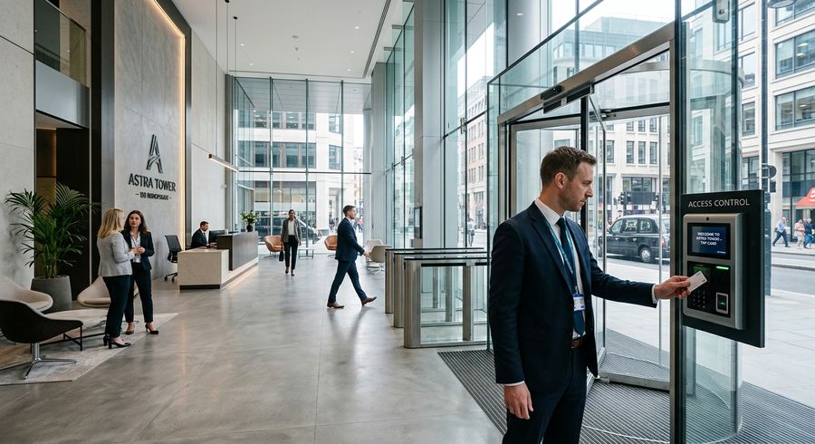 Multi-tenant office building with access-controlled entry lobby and keycard readers